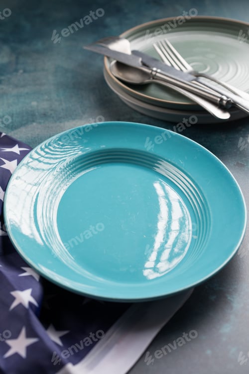 Preview: Empty blue plate. Celebrating Independence Day, July 4. Traditional American Memorial Day