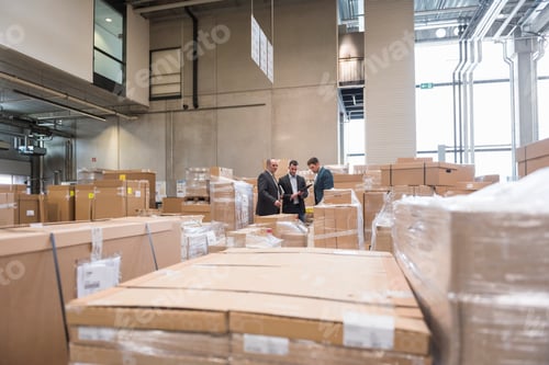 Preview: Three men in factory warehouse surrounded by cardboard boxes