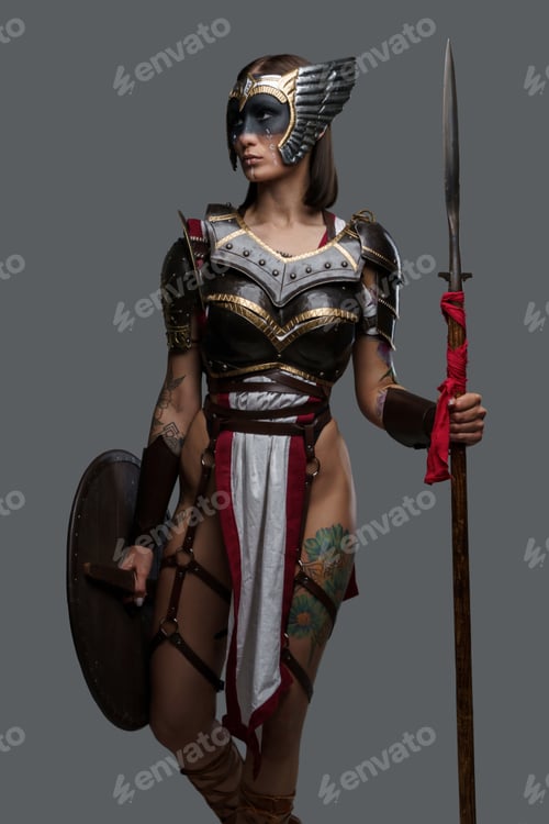 Preview: Ancient amazon with shield and spear against gray background