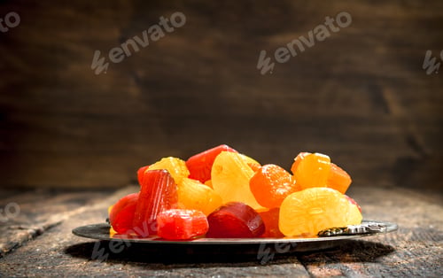 Preview: Fruit candies on a steel tray.