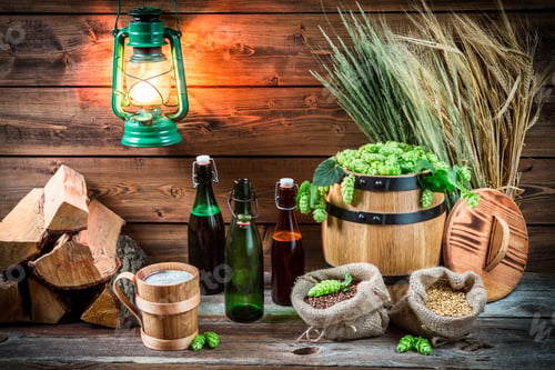 Preview: Homemade light beer served in a wooden mug