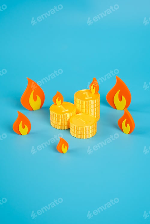 Preview: Stacks of coins surrounded by fire. Savings in the fire of inflation and devaluation.