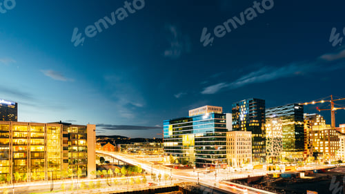 Preview: Oslo Norway. Night Panoramic View Of Contemporary District Of Hi
