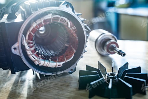 Electric Motor Parts Disassembled on Table