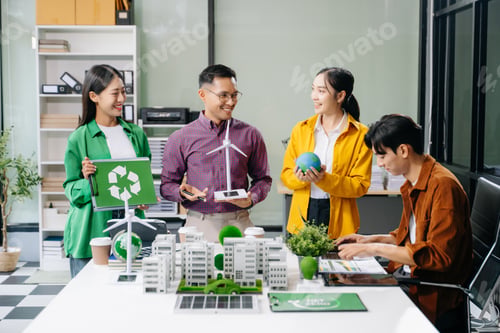 Preview: Business team people planning hand using laptop for working technology and business Net zero