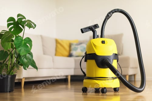Preview: Yellow modern vacuum cleaner in living room. Copy space. Flat clean vacuuming concept. Green