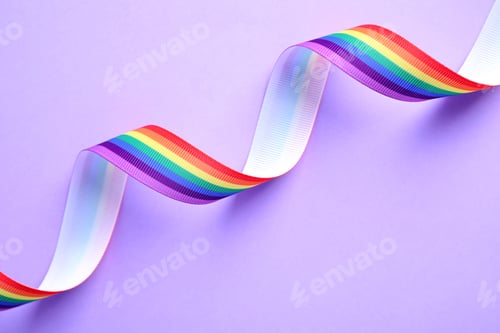 Preview: Bright rainbow ribbon on color background, top view. Symbol of gay community