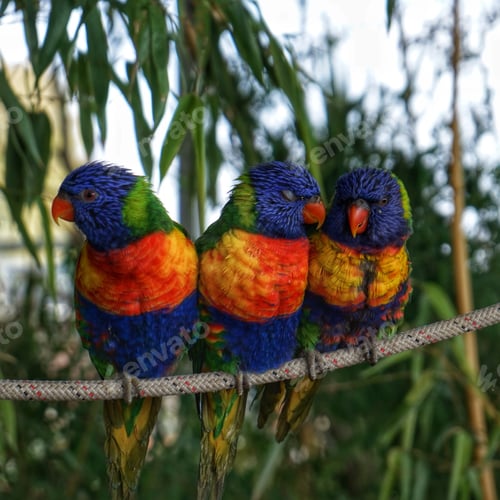 Preview: Three Lorikeets in an aviary sitting close together on a rope, one looking away from the other two