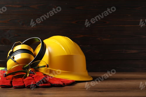 Preview: Different safety equipment on wooden table. Space for text