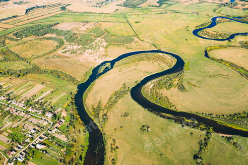 Preview: Golovintsy, Gomel region, Belarus. Aerial View Green Meadow And Curved River Landscape In Sunny