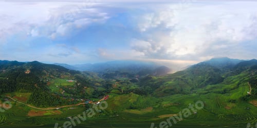 Preview: Paddy rice terraces, green agricultural fields in countryside of mountain hills valley, Vietnam.