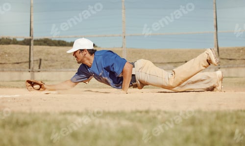 Preview: Sports, action and a man catching baseball, sliding in dust on floor with ball in baseball glove. S