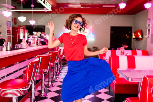 Preview: stylish smiling woman in retro vintage cafe