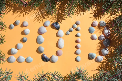Preview: New Year. Christmas Card Made Of Seashells. Creative Greeting Card For The Holiday With Fir