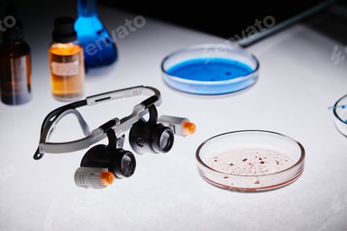 Preview: Laboratory Safety Glasses and Petri Dishes Featuring Scientific Experiment