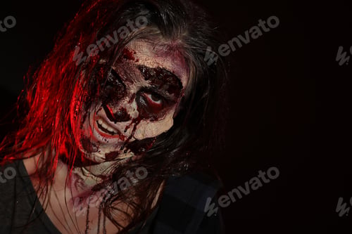 Preview: Scary zombie on dark background, space for text. Halloween monster