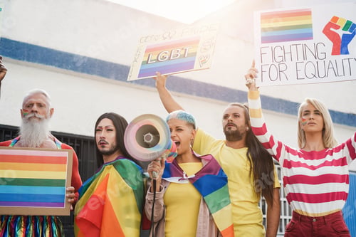 Preview: Gay and transgender people protest at pride event outdoor - Main focus on drag queen face