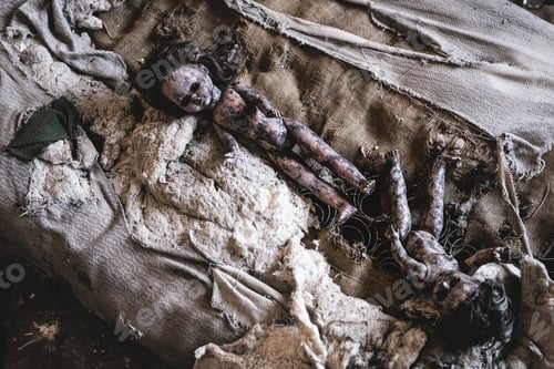 Preview: top view of scary and burnt baby dolls on damaged bed, post apocalyptic concept