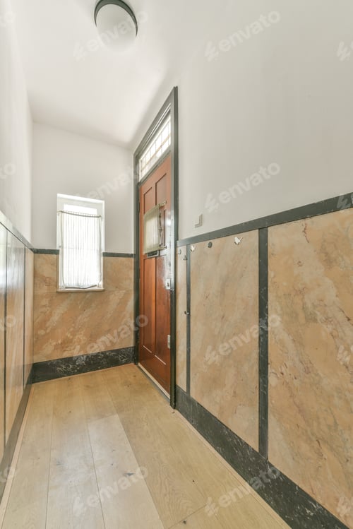 Preview: Spacious bright corridor with parquet floor stairs and window