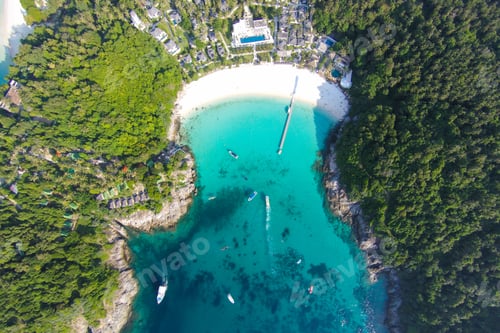 Preview: Tropical beach with sea and palm taken from drone.