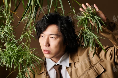Preview: Spring inspired fashion showcase featuring a stylish asian man in a studio setting