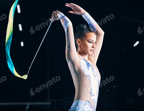 Preview: Ribbon gymnastics, woman and dancer competition in talent show, performance and dark arena. Serious