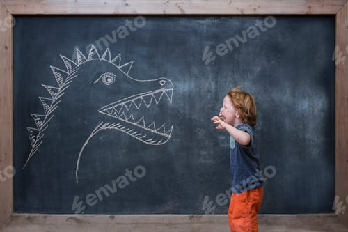 Preview: Young boy roaring at dinosaur drawing on blackboard