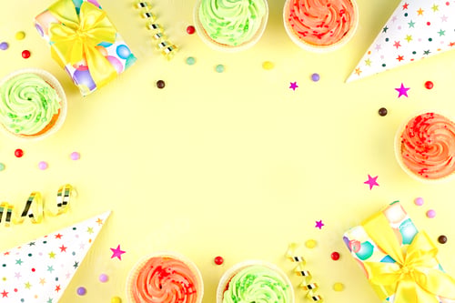 Preview: Birthday flat lay with copy space on yellow