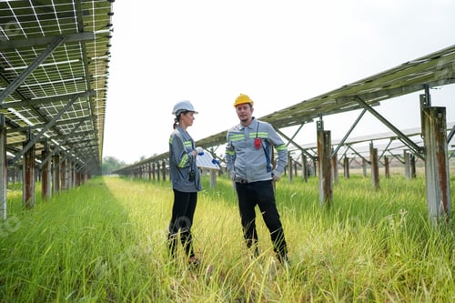 Preview: Solor voltaic panels, indusrty engineer working at construction of solar cell. Business industry.