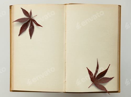 Preview: Open vintage book with maple leaves