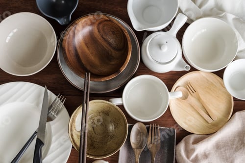Preview: Many empty dishes and plates on wooden background