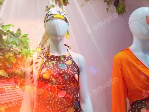 Preview: Mannequins in Fashionable Clothing, Headscarf and Orange Top