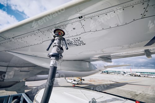 Preview: Preparations before flight. Refueling of airplane at airport. Travel and industry concepts.