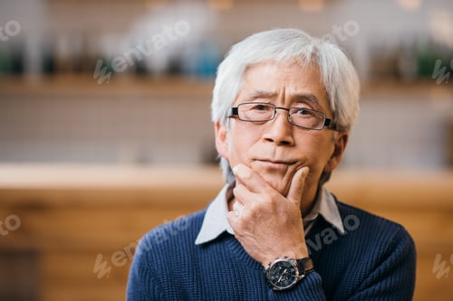 Preview: close-up portrait of of thoughtful senior asian man