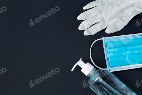 Preview: Medical Mask, Glove, and Gel on Dark Background