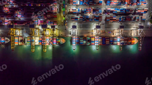 Preview: Aerial view container cargo ship freight shipping international at night, Global business freight
