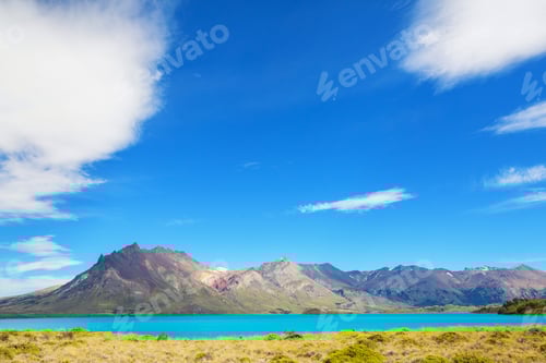 Preview: Mountain and Lake Landscape with Blue Sky