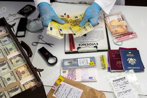 Preview: Specialised police officer Counting euro banknotes in crime lab, conceptual image