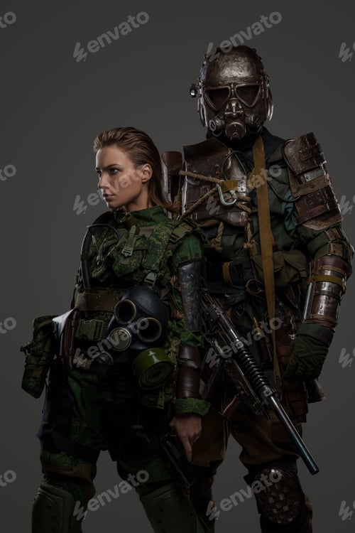 Preview: Shot of post apocalyptic couple with pistol and shotgun