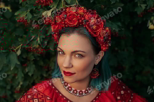 Preview: Woman in Traditional Dress with Red Floral Headdress