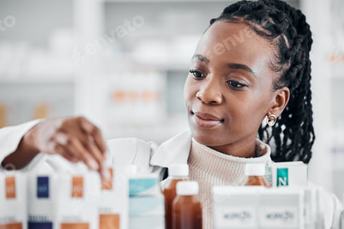 Preview: Pharmacy shelf, medicine and black woman with pills, supplements and medication for wellness in cli