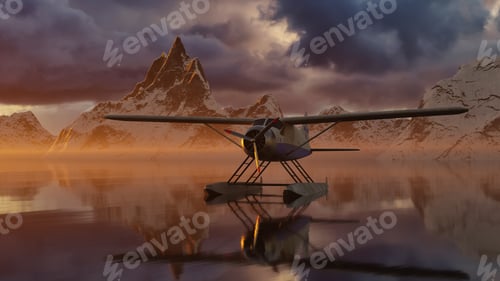 Preview: Seaplane in Glacier Lake Water surrounded by Rugged Alpine Mountain Landscape