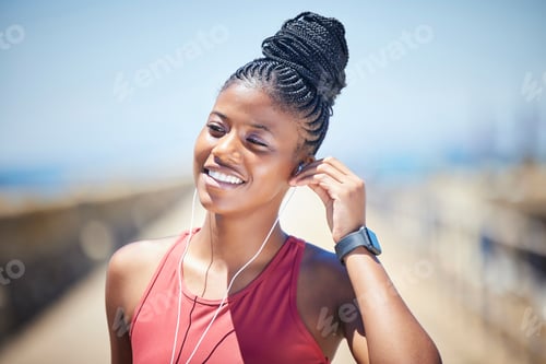 Preview: Fitness, black woman and happy runner with earphones for training exercise outdoor. Face, smile and