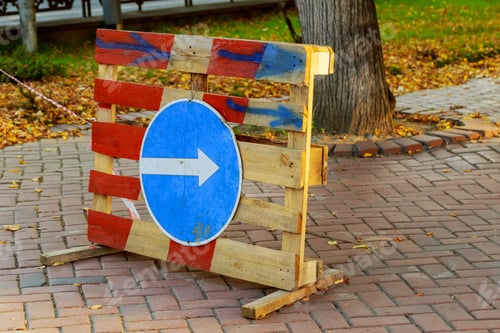 Preview: Sign of detour travel. Pit on the road. repair work sign circumvent bypass