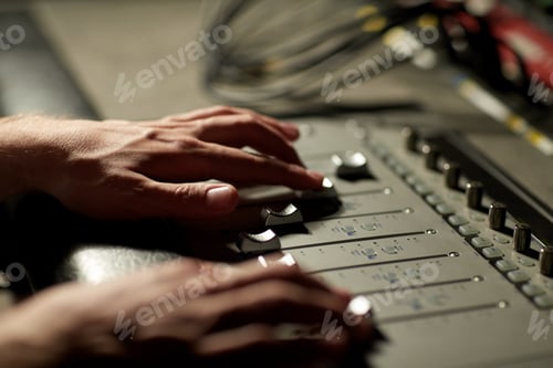 Preview: hands on mixing console in music recording studio