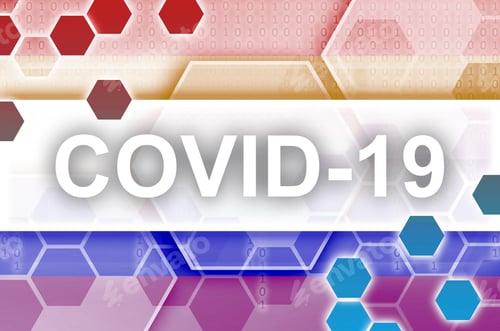 Preview: LGBT community flag and futuristic digital abstract composition with Covid-19 white inscription