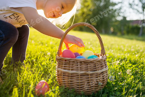 Preview: Little girl hunts Easter egg. Kids searching eggs in garden. Child putting colorful eggs in basket.