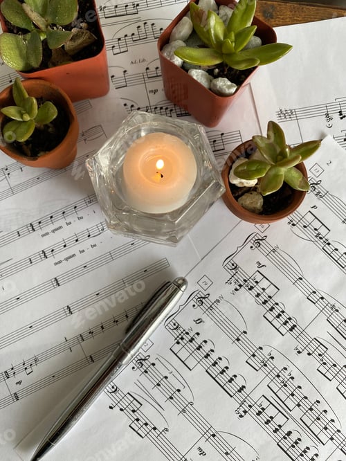Preview: Succulents and a candle with a pen on top of music sheets