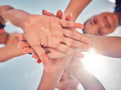 Preview: Group, team and hands stack below for girl, friends and happy in sunshine, collaboration and motiva