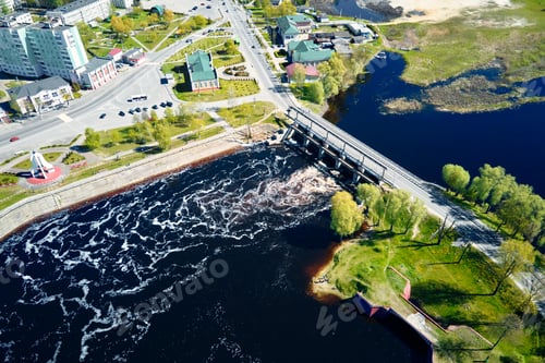 Preview: Small town landscape with bridge over river, aerial view
